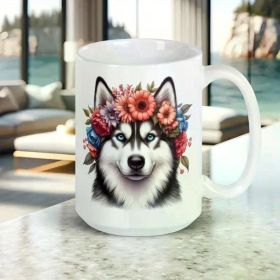 Charming Siberian Husky Ceramic Mug with Floral Crown - Perfect Gift for Dog Lovers, 11oz Insulated Coffee Cup for